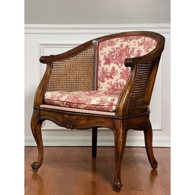 Pair French Louis XV Style Walnut and Cane Barrel Back Bergere Chairs in Toile, 20th C. For Sale - Image 9 of 13