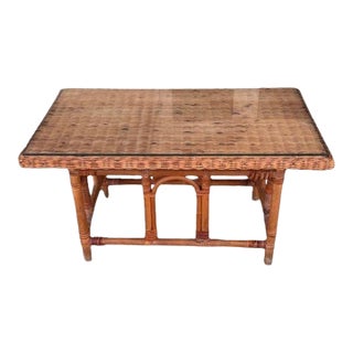 Vintage MCM Wicker Rattan Coffee Table With Glass Top For Sale
