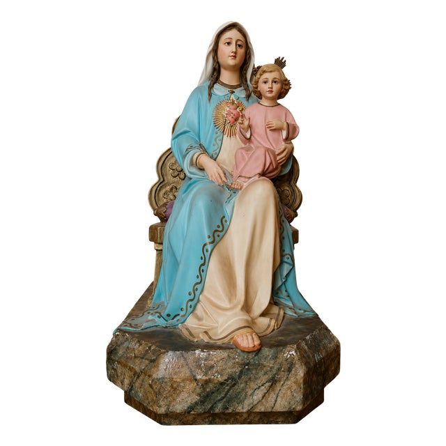 Polychrome Plaster Statue of Virgin of the Sacred Heart and Jesus, 19th Century For Sale