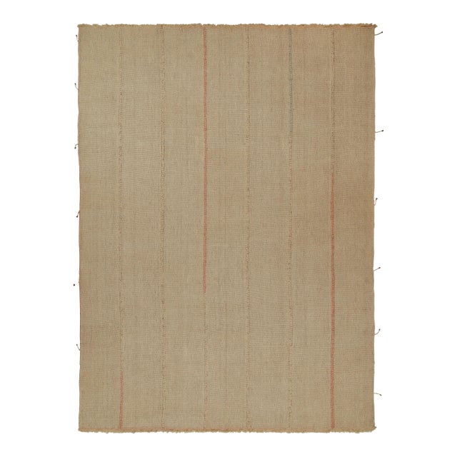 Rug & Kilim’s Contemporary Kilim in Sandy, Solid Beige-Brown With Pink Accents For Sale