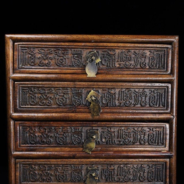 Late 20th Century Carved Hardwood Five-Drawer Tabletop Cabinet With Brass Hardware For Sale - Image 5 of 9