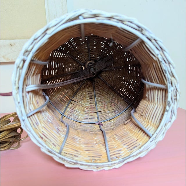 Vintage White Wicker Rattan Table Lamp Matching Wicker Shade Ginger Jar For Sale - Image 10 of 11