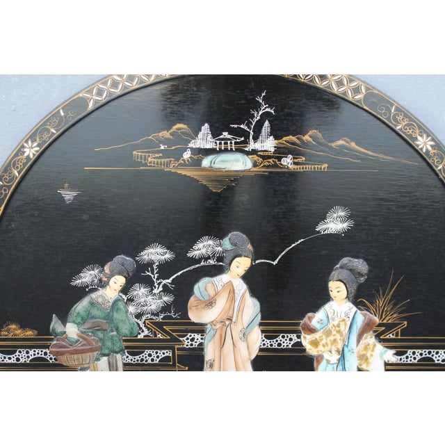 1940s 1940s Asian Chinoiserie Hand Crafted Black Lacquered and Painted Wall Art For Sale - Image 5 of 8