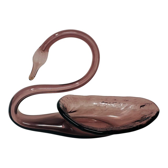 Vintage Amethyst Glass Swan Bowl | Mid Century Modern Hand Blown Art Glass Figurine | Purple Glass Candy Dish Trinket Bowl | Elegant Home Decor For Sale