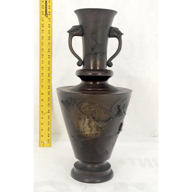 Early 20th Century Large Brass or Bronze Asian Two Handles Vase Urn Birds Motif Reliefs Clean! For Sale - Image 4 of 12