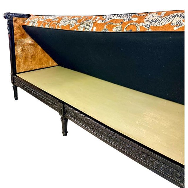 Vintage Black High-Gloss Lacquer Double-Caned Daybed With Custom Tiger Upholstery For Sale In West Palm - Image 6 of 16