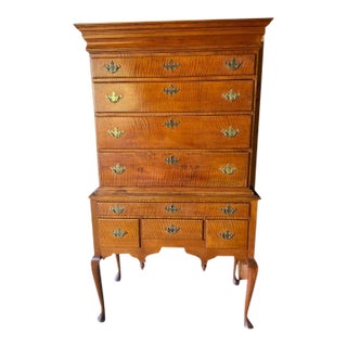 Late 18th Century Flat Top Curly Maple Highboy For Sale