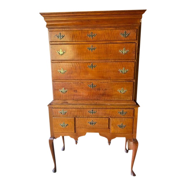 Late 18th Century Flat Top Curly Maple Highboy For Sale