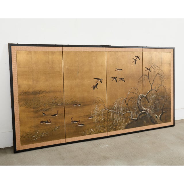 Wood Japanese Showa Four-Panel Screen Wild Geese Autumn Landscape For Sale - Image 7 of 18