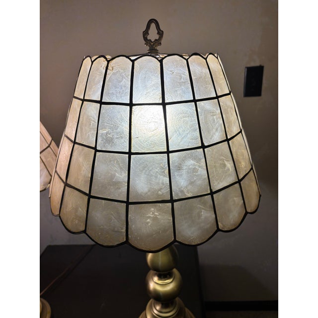 Italian Vintage Brass Capiz Shell Lamp Set For Sale - Image 3 of 12
