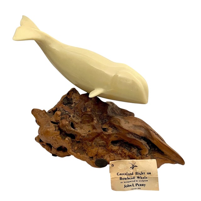 Vintage John Perry Polar or Bowhead Whale Sculpture on Burl Wood - Pellucida Resin For Sale - Image 9 of 10