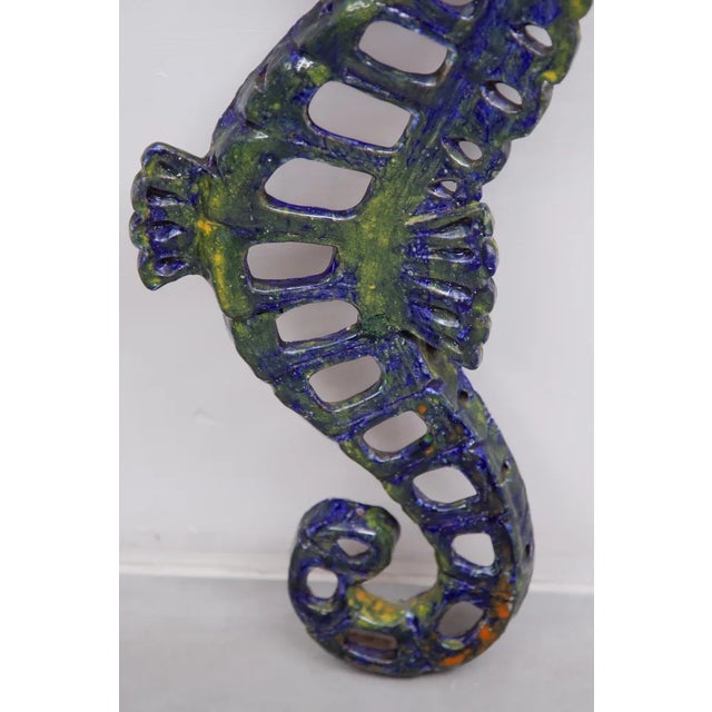 Vintage Blue Glazed Seahorse Wall Sculpture, 1970s For Sale - Image 6 of 10