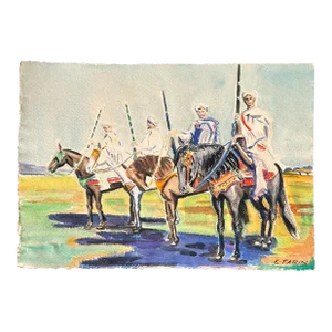 Mid 20th Century Signed Original Watercolor of Horse Riders