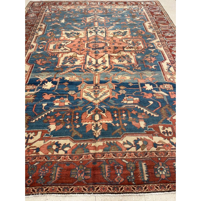 Antique Persian Serapi Carpet, Handmade Rug Light Blue, Ivory, Rusty Red For Sale - Image 11 of 18