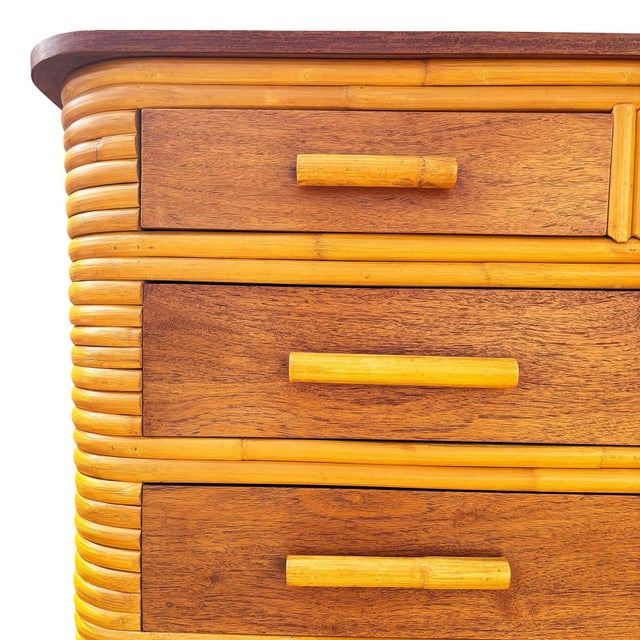 Wood 1930s Restored Art Deco 6 Drawer Stacked Rattan Highboy Dresser W/ Mahogany Top For Sale - Image 7 of 8