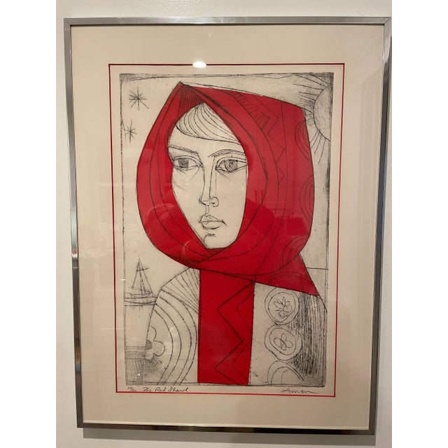 Mid-Century Modern Mid 20th Century "The Red Shawl" Irving Amen Modernist Figurative Numbered Print, Framed For Sale - Image 3 of 8