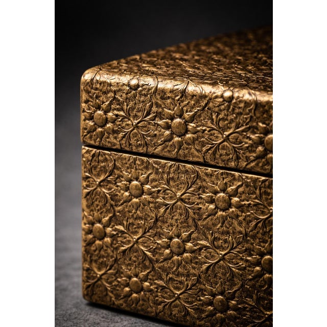 Indian Vintage Embossed Brass Over Wood Trinket Box – Floral Repoussé Hinged Jewelry / Keepsake Box, India For Sale - Image 3 of 6