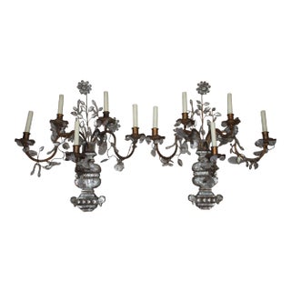 1930's Monumental Regency Maison Bagues Rock Crystal 5 Light Floral Wall Sconces a - Pair For Sale