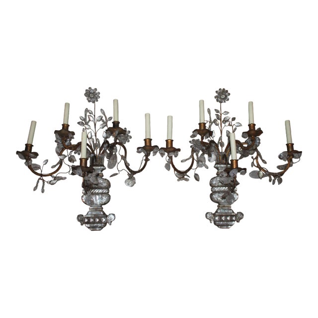 1930's Monumental Regency Maison Bagues Rock Crystal 5 Light Floral Wall Sconces a - Pair For Sale