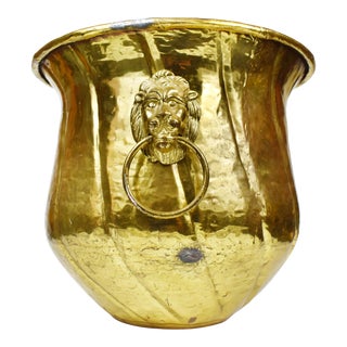 Large Hammered Gold Brass Lion Head Handle Planter Pot For Sale