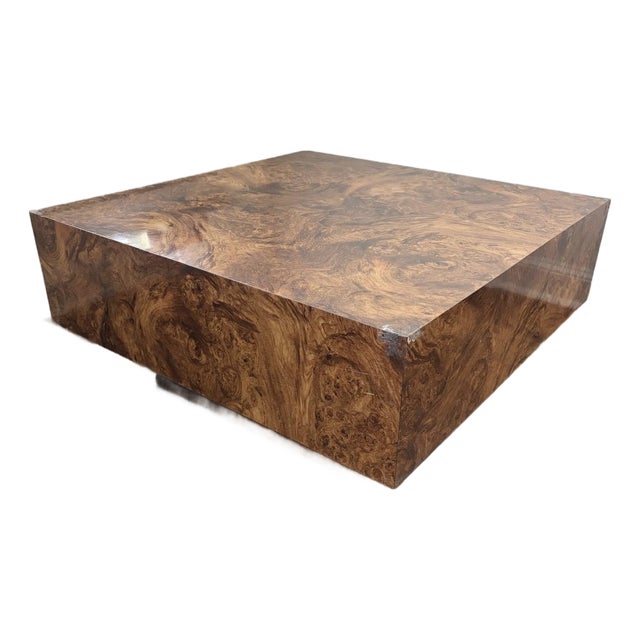 1970s Burl Wood Veneer Square Block Coffee Table on Plinth Base For Sale