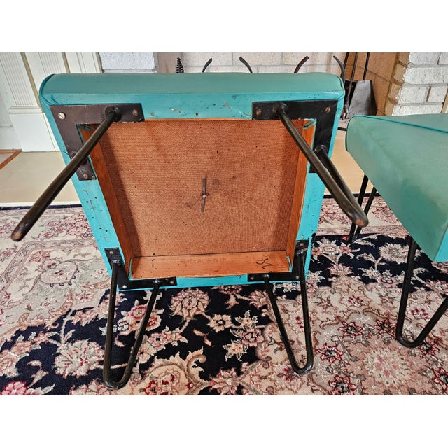 MCM Retro Wrought Iron Hairpin Turquoise Vinyl Twin Footstools For Sale - Image 4 of 4