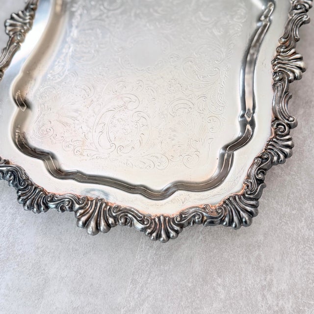 Vintage Silver Plate Scalloped Vanity/Serving Tray, Ornate Rococo Rim For Sale - Image 4 of 7