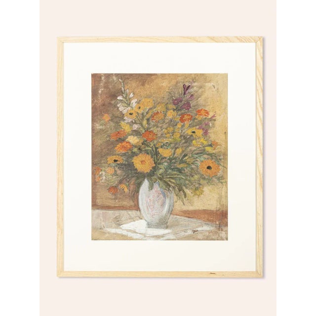 Art Deco Flowers, Watercolor on Thick Paper, Framed For Sale - Image 12 of 12