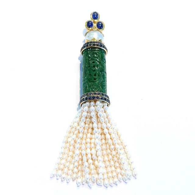 Green Bochic “Orient’ South Sea Pearl, Sapphire and Jade Pendant Set 18K Gold and Silver For Sale - Image 8 of 12