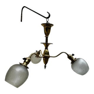 1920s Vintage Three Arm Brass Pendant Fixture With Three Vintage Etched Shades For Sale