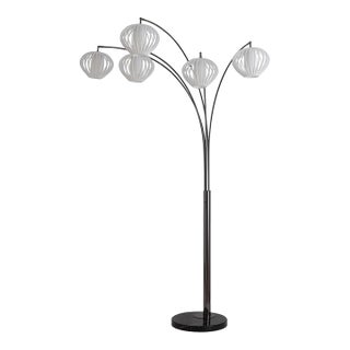 Mid Century Bloom 5-Light Arc Floor Lamp, 1970s - Black Nickel, Black Marble Base, White Satin Shade For Sale