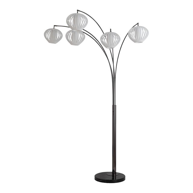 Mid Century Bloom 5-Light Arc Floor Lamp, 1970s - Black Nickel, Black Marble Base, White Satin Shade For Sale