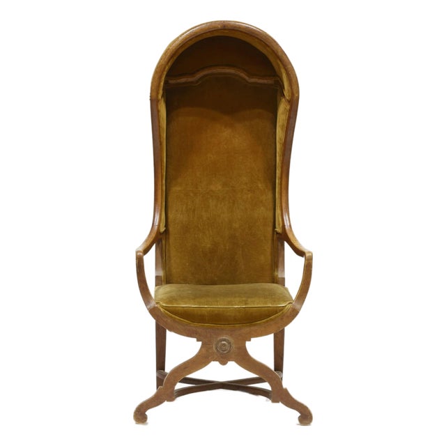 1970s French Revival Porter’s Canopy Chair in Fruitwood and Ochre Velvet For Sale
