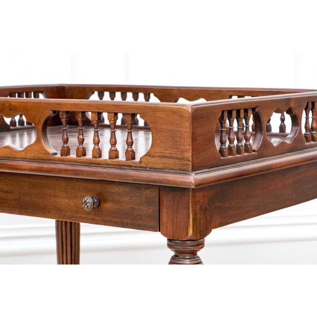 English Theodore Alexander Mahogany Galleried Drinks Table With Leather Top & Drawer For Sale - Image 3 of 11