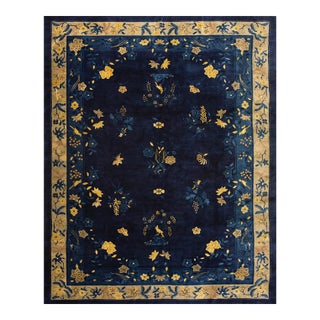 1920s Blue Navy Floral Deco Antique Chinese Peking Rug Handknotted Wool For Sale