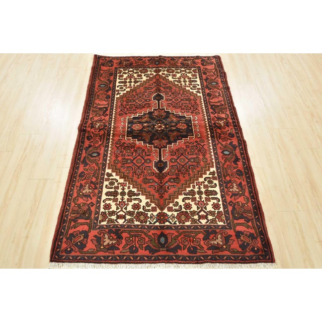 Farmhouse Hamedan Rug 4'3'' X 6'5'' Red Wool Vintage Tribal Hand-Knotted Oriental Carpet For Sale - Image 3 of 15