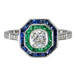 18k (750) White Gold Cushion Shape Natural Diamond Sapphire Emerald: Ring