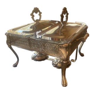 Vintage Silver-Plated Double Chafing Dish With Warming Burners For Sale