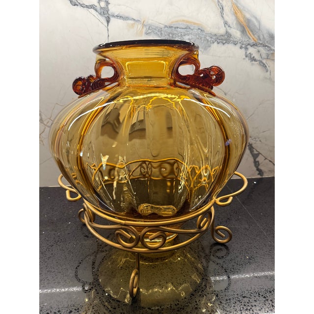 Glass Vintage Amber Hand Blown Glass Vase With Stand For Sale - Image 7 of 8