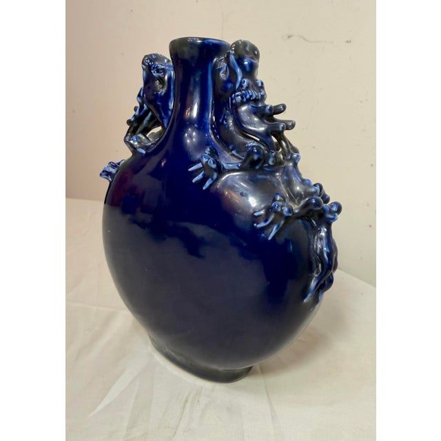 Vintage Handmade Chinese Cobalt Blue Moon Dragon Porcelain Pottery Figural Vase For Sale - Image 4 of 10