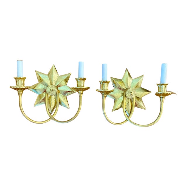 Visual Comfort Gilded Starburst Two-Light Wall Sconces - a Pair For Sale