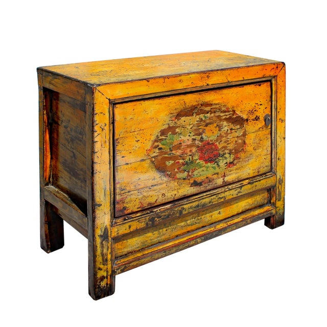 Chinese Gansu Style Distressed Orange Yellow Flower Console Cabinet For Sale - Image 4 of 8
