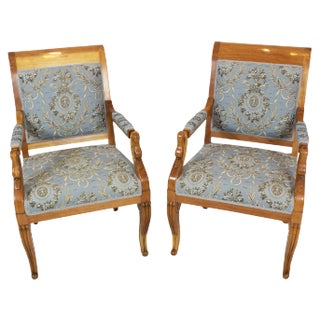 Early 19th Century Empire Biedermeier Plumwood Swan Armchairs, Set of 2 For Sale