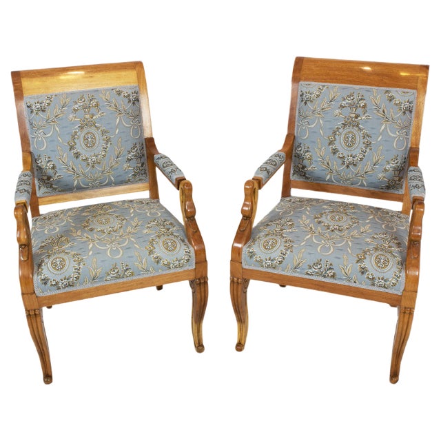 Early 19th Century Empire Biedermeier Plumwood Swan Armchairs, Set of 2 For Sale