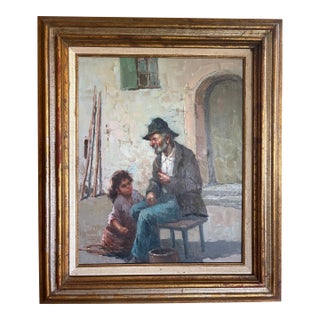 Early 20th Century European Genre Oil Painting of Elderly Man & Child – Expressive Figural Scene, Framed For Sale