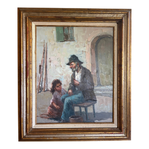 Early 20th Century European Genre Oil Painting of Elderly Man & Child – Expressive Figural Scene, Framed