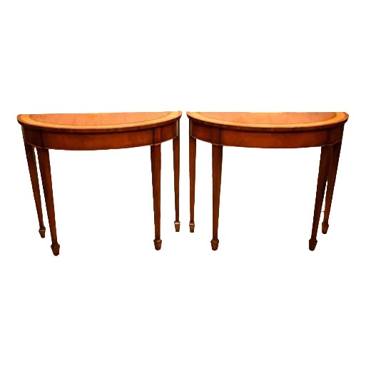 Sheraton Satinwood Demi Lune Console Tables, Set of 2 For Sale