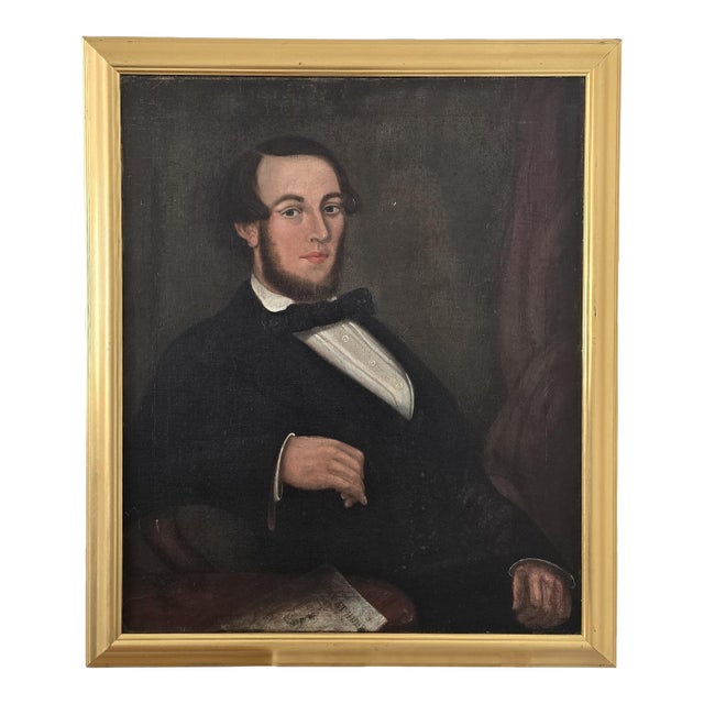 Mid-19th Century American Folk Portrait of a Gentleman, Oil on Canvas For Sale