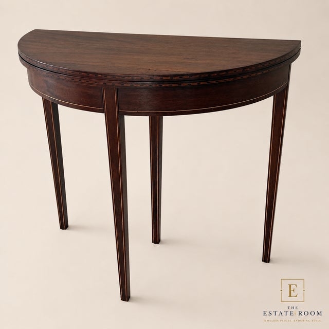 Hepplewhite Vintage Federal Style Mahogany Demi Lune Flip-Top Table With Satinwood Inlay For Sale - Image 3 of 3