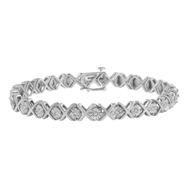 .925 Sterling Silver 1/10 cttw Miracle-Set Round-Cut Diamond "X" Link Tennis Bracelet (I-J color, I2-I3 clarity) - 7.25" For Sale